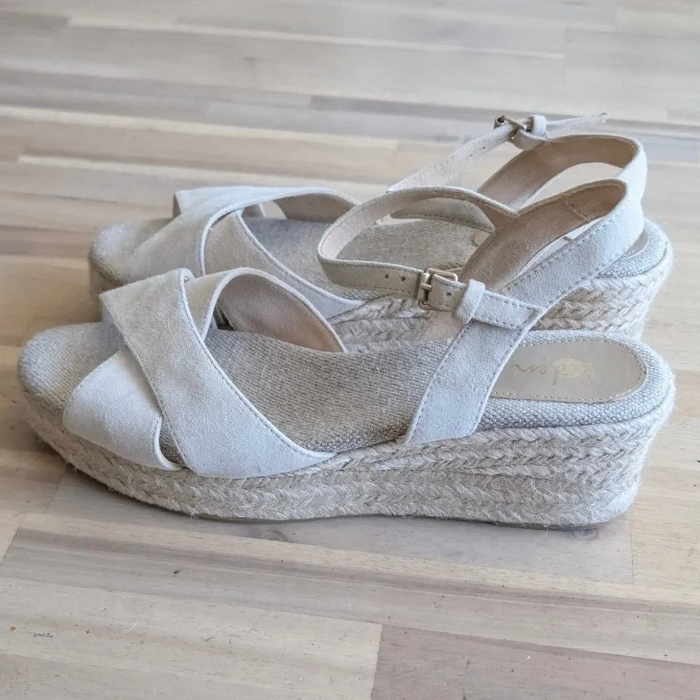 Boden Suede Espadrille Wedge Sandals Beige Platform Ankle Strap Size 40‎ (US 9)
